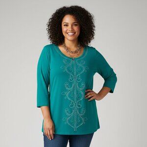 JM Collection Embellished T-Shirt 3/4 Sleeve Jade Green Size XL